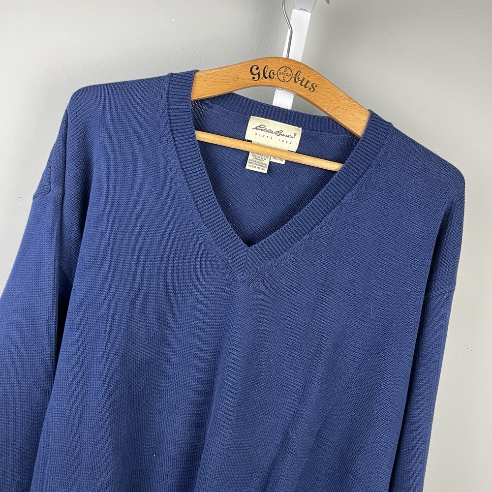 Eddie Bauer Sweater Mens XLT Blue V-Neck 100% Cotton Vintage Pullover Preppy
